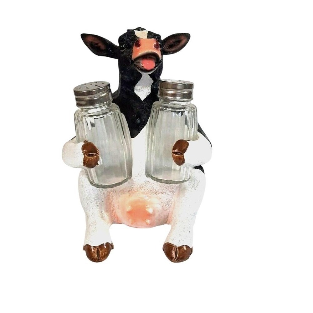 Cow Salt & Pepper Shaker Holder Set Black White Holstein Resin Farmhouse HD25971